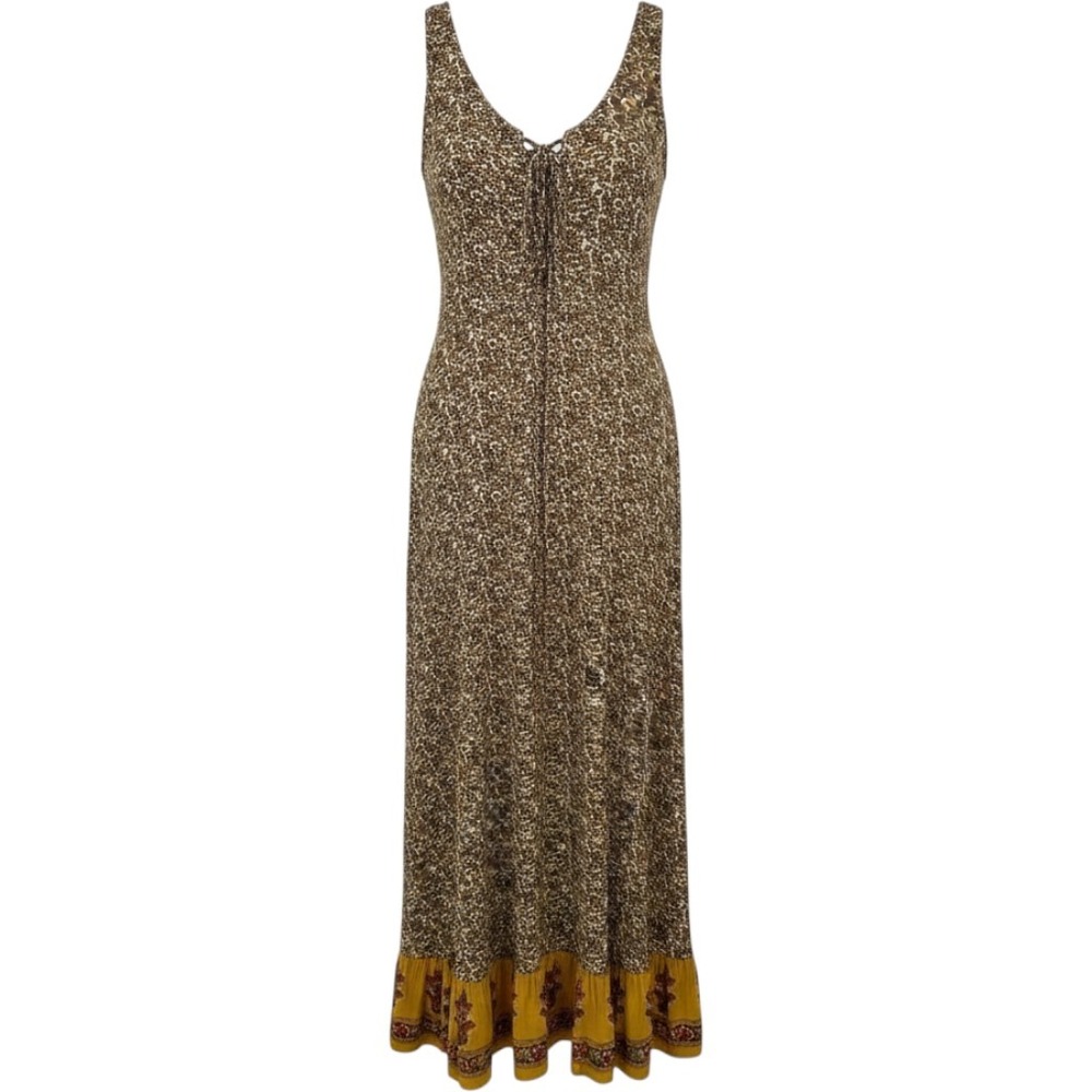 J. Glee Floral Paisley Lace Up Smocked Back Maxi Dress Yellow Brown Y2K Women M